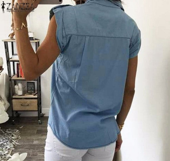 Summer Women Vintage Buttons Pockets Blouses Sexy Sleeveless Jeans Denim Blue Shirts