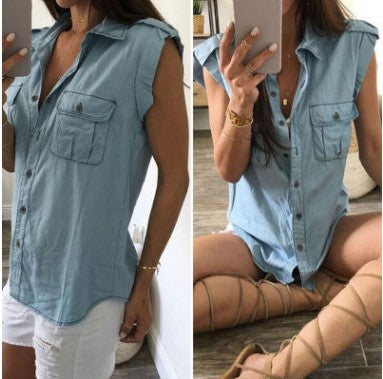 Summer Women Vintage Buttons Pockets Blouses Sexy Sleeveless Jeans Denim Blue Shirts