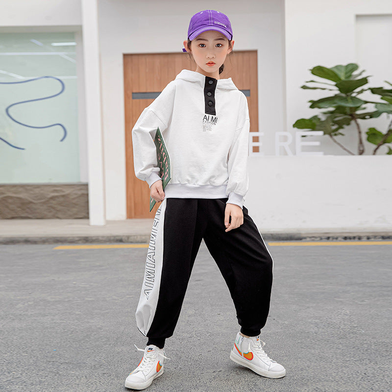 Boys" Spring Suit New Middle School Children"s Hooded Sweater Pure Cotton Color Matching Leggings Children"s Sports Pants Fashion