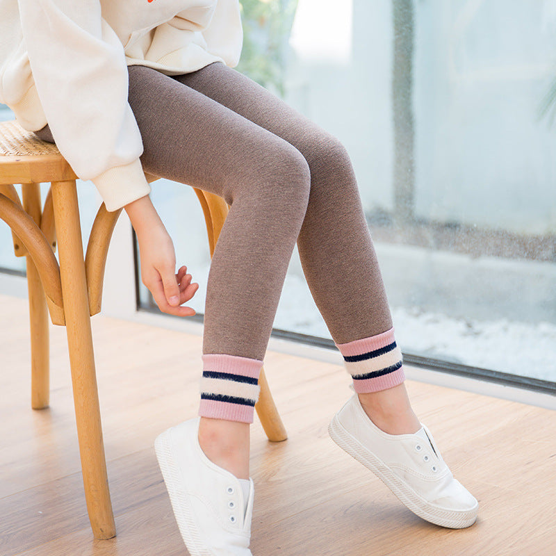 Winter New Children's Legging Trousers With Stripes And Velvet