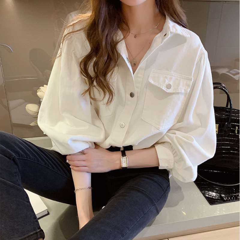 Blouses Shirts Women Spring Pockets Long Sleeve Fashion Solid Korean