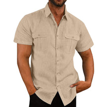 Men's Shirt Double Pocket Cotton Linen Short Sleeve Shirt