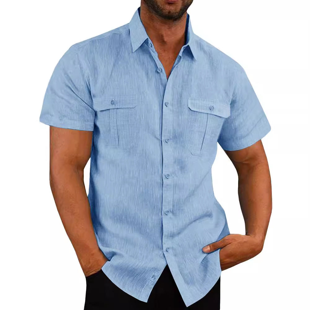Men's Shirt Double Pocket Cotton Linen Short Sleeve Shirt