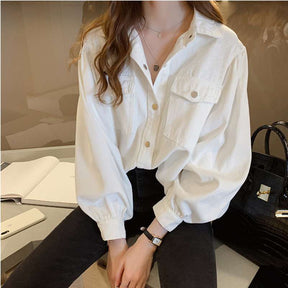Blouses Shirts Women Spring Pockets Long Sleeve Fashion Solid Korean